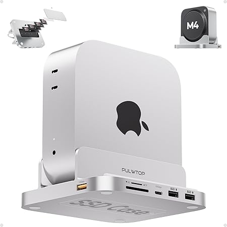 Mac mini M4 Hub with M.2 SSD Enclosure, 8-in-1 Vertical USB-C Hub Accessories for Mac mini M4 Pro 2024 Dock Stand with USB A/C 3.2 10Gbps, SD/TF Card Readers