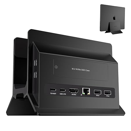 ertical MacBook Docking Station, Docking Station for Mac mini with M.2 NVMe case for MacBook Pro/Air, 4K@60Hz HDMI, 2USB C 10Gbps, SD/TF, 100W PD, RJ45, 2 USB A for Windows Laptops