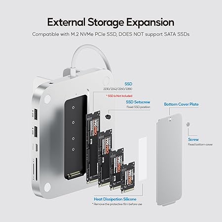 Mac mini M4 Hub with M.2 SSD Enclosure, 8-in-1 Vertical USB-C Hub Accessories for Mac mini M4 Pro 2024 Dock Stand with USB A/C 3.2 10Gbps, SD/TF Card Readers