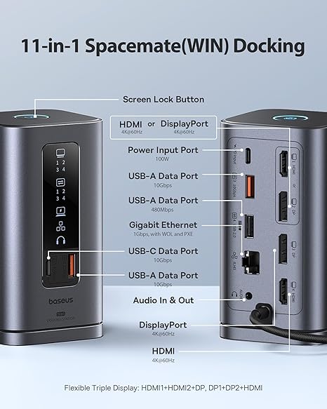 Docking Station, Spacemate(Win) 11 in 1, Triple Display, 4K HDMI and DP, 10Gbps USB A/C Ports, Gigabit Ethernet, 100W PD, Audio, Laptop Docking Station for Windows