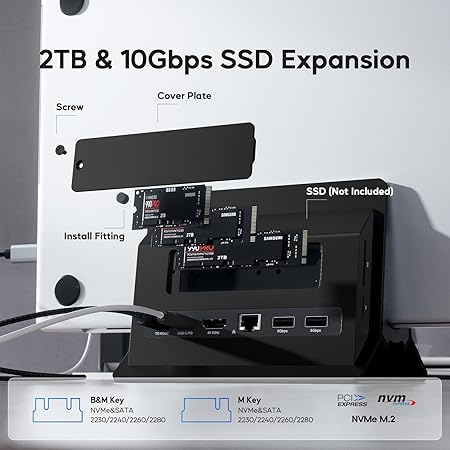 ertical MacBook Docking Station, Docking Station for Mac mini with M.2 NVMe case for MacBook Pro/Air, 4K@60Hz HDMI, 2USB C 10Gbps, SD/TF, 100W PD, RJ45, 2 USB A for Windows Laptops